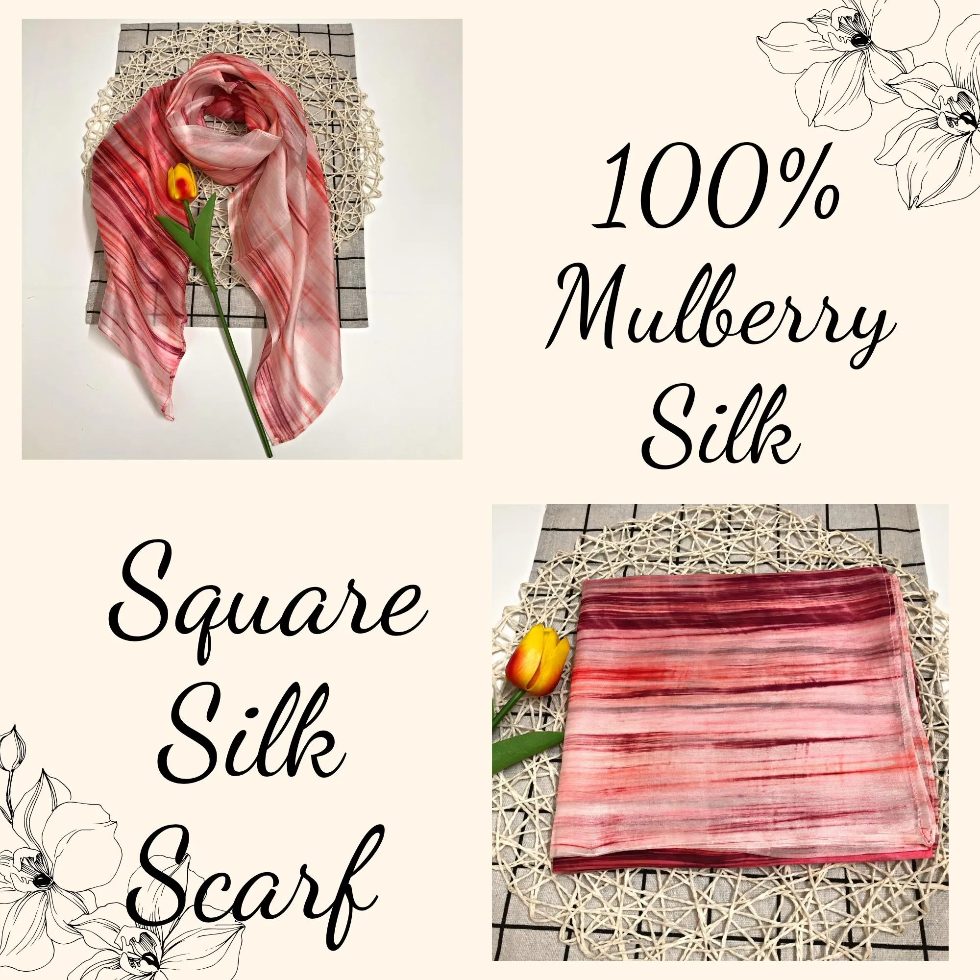 100% MULBERRY SILK SCARF - Pure mulberry silk - Pink Square Scarf - Women's Scarves - Fashion Scarf - Luxury Scarf - Gift for women