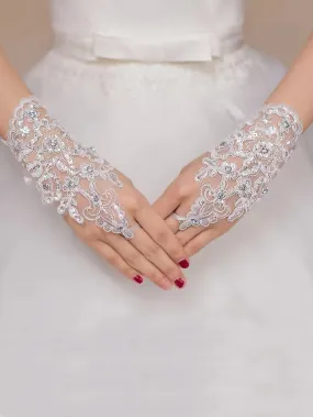 1pair Bridal Lace & Rhinestone Decor Hollow Out Fingerless Fishnet Gloves For Wedding Dress