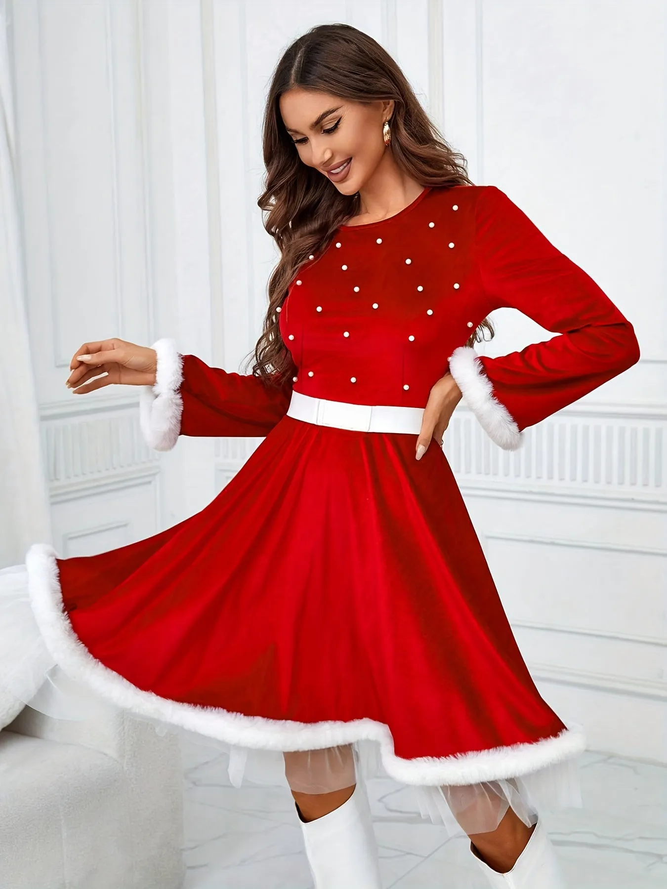 1pc Festive Christmas Dress for Women, Polyester Red Santa Costume with Faux Fur Trim and Belt Detail, Casual Round Neck Long Sleeve Holiday Party Outfit