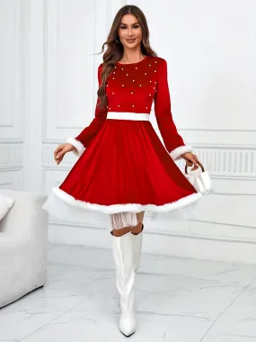 1pc Festive Christmas Dress for Women, Polyester Red Santa Costume with Faux Fur Trim and Belt Detail, Casual Round Neck Long Sleeve Holiday Party Outfit