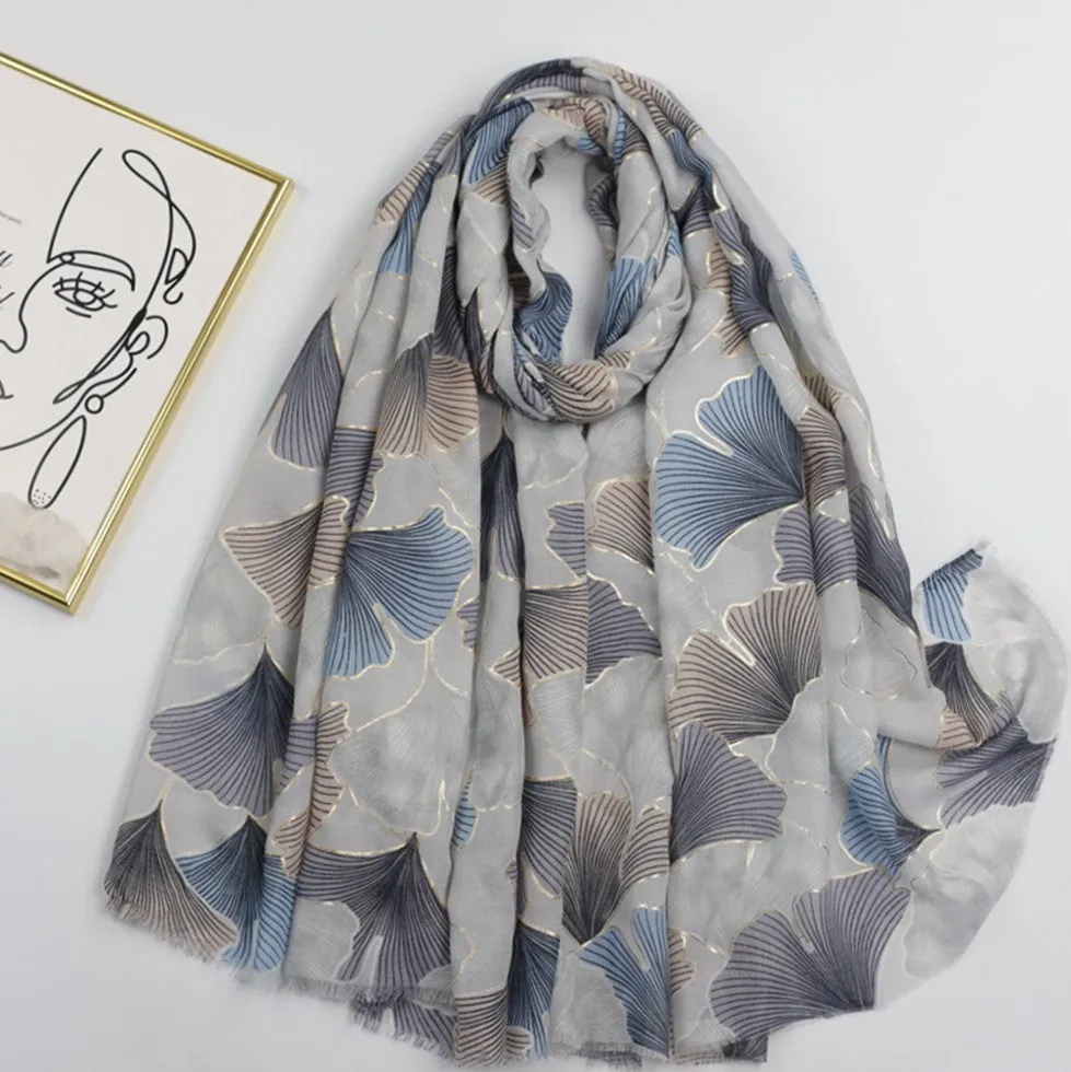 230328 gold stamping ginkgo leaf printed scarf