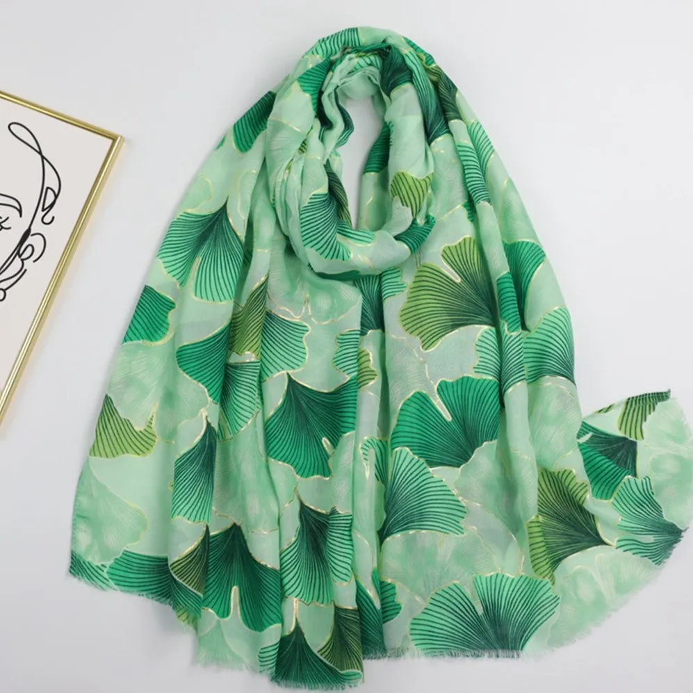 230328 gold stamping ginkgo leaf printed scarf