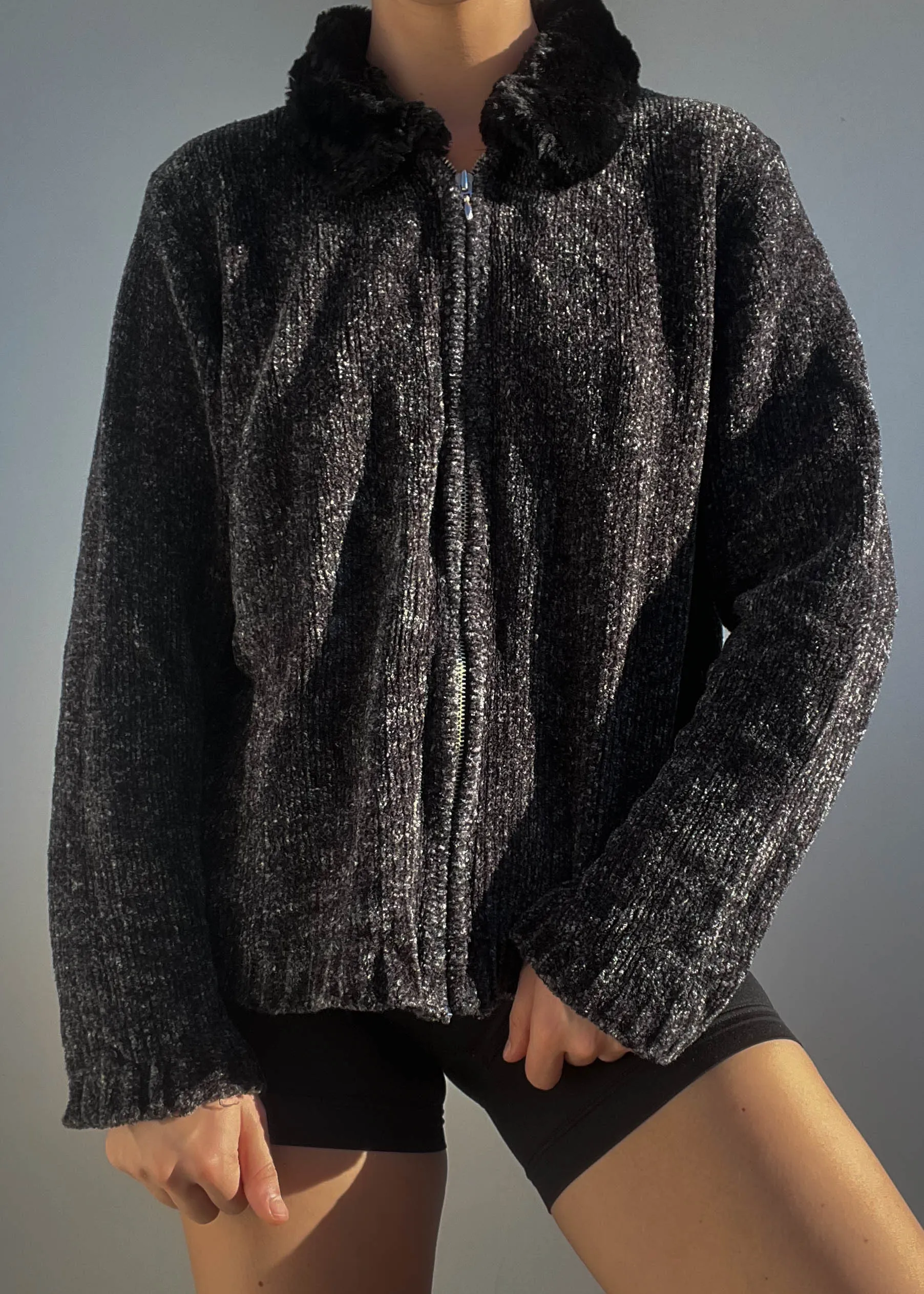 90's Fur Collar Knit Jacket (M-L)