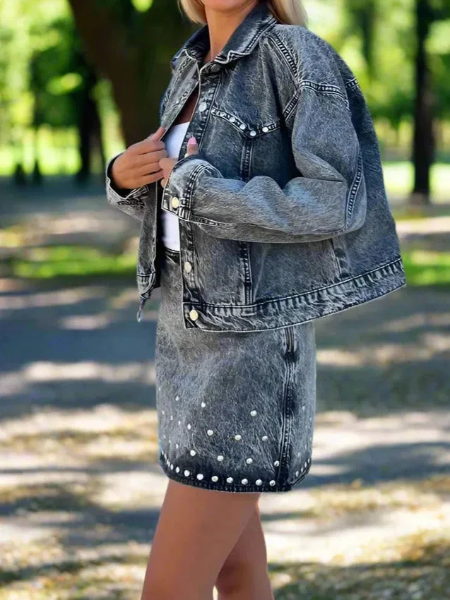 A&A Chic Stonewashed Denim Jacket And Skirt Set