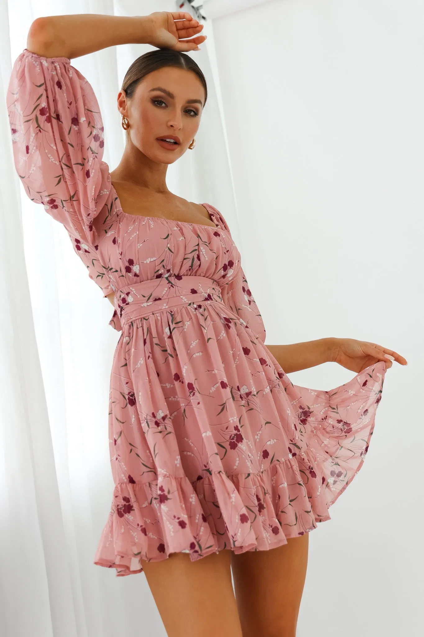 Abby Off-Shoulder Tie-Up Back Dress Floral Print Rose