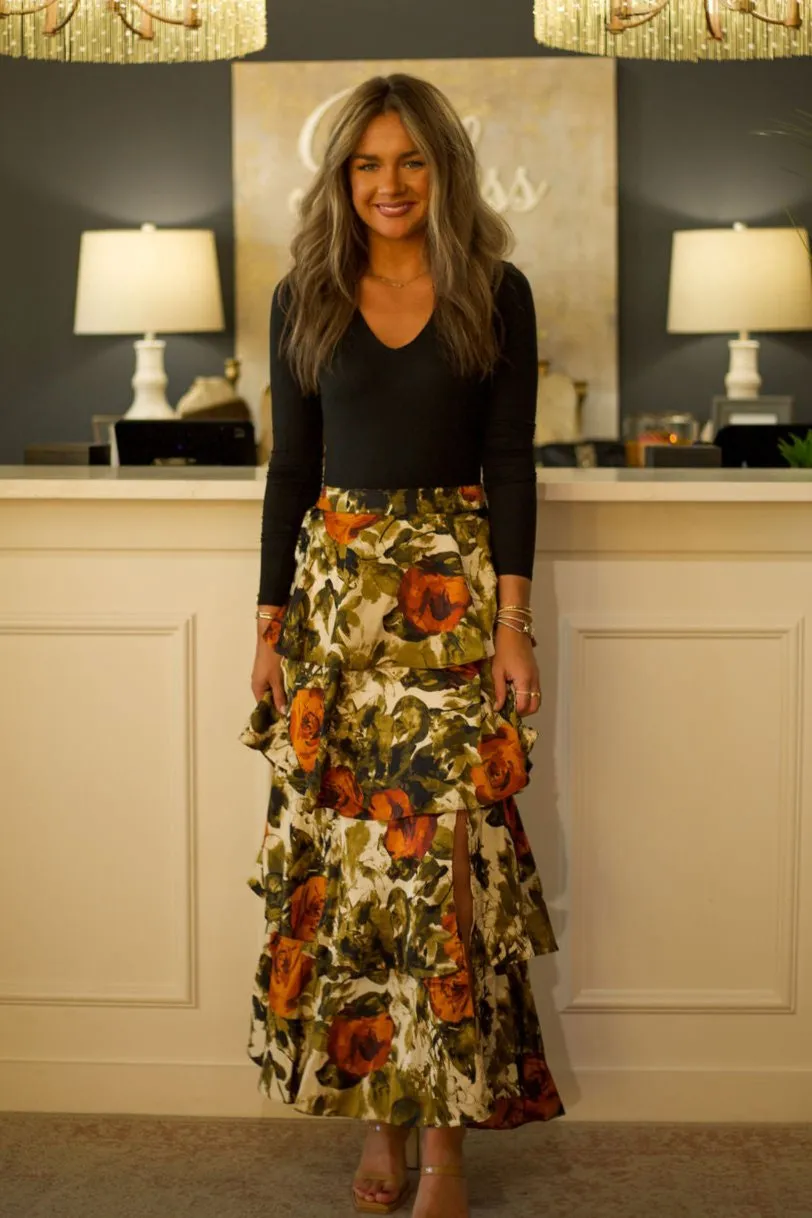 Abstract Rose Tiered Maxi Skirt