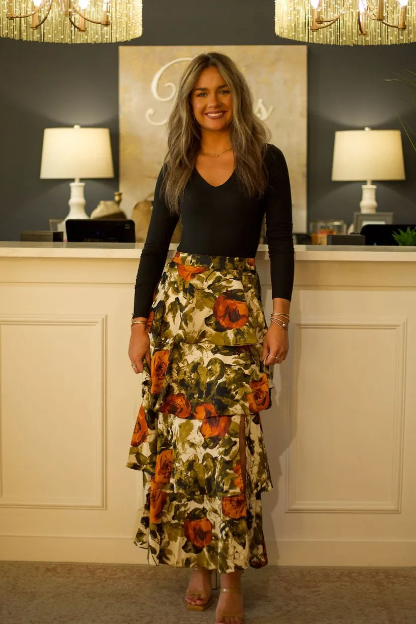 Abstract Rose Tiered Maxi Skirt