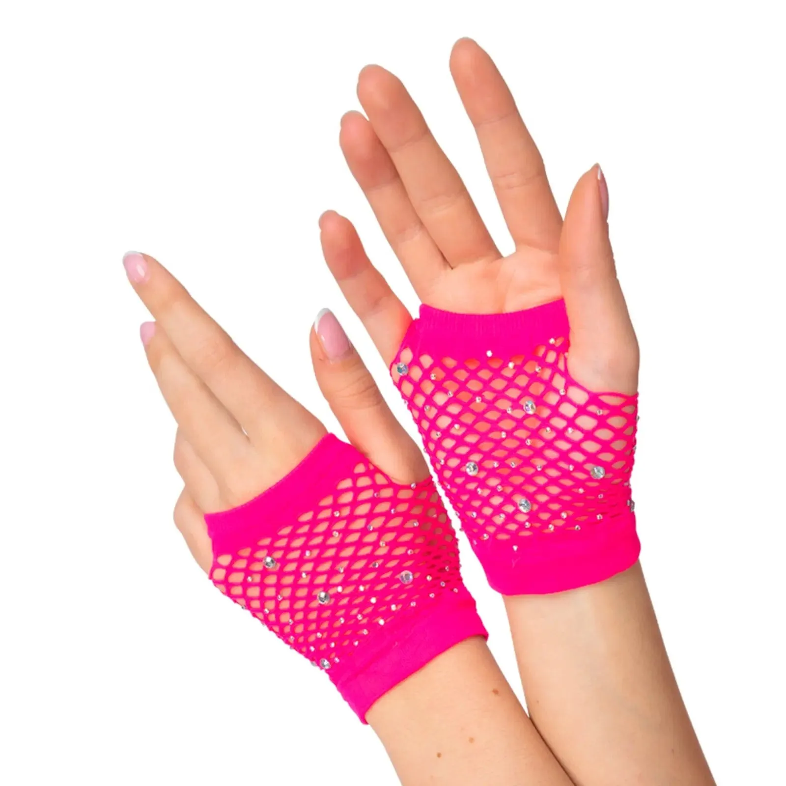 Adults 80s Fingerless Net Gloves With Diamantes Fancy Dress