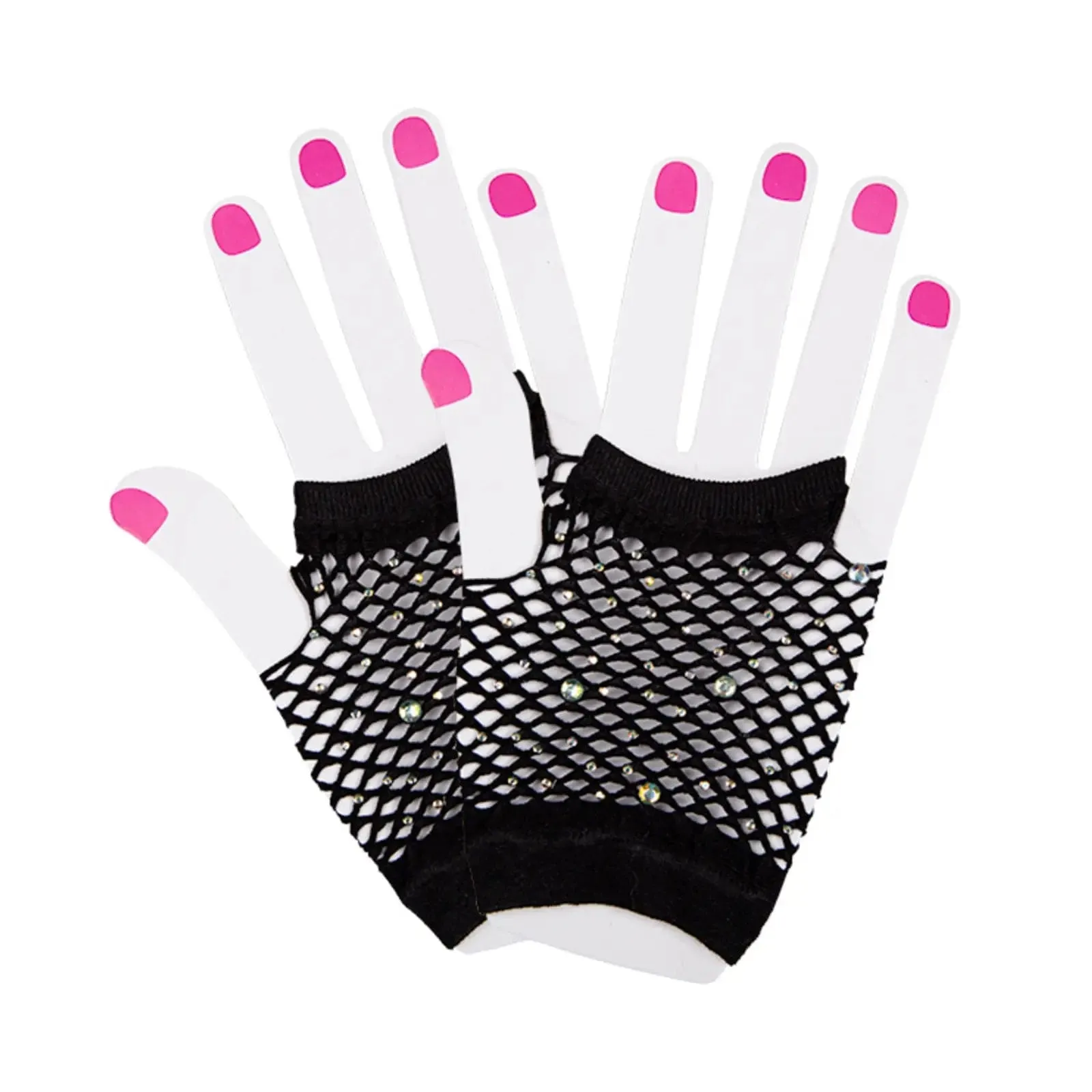 Adults 80s Fingerless Net Gloves With Diamantes Fancy Dress