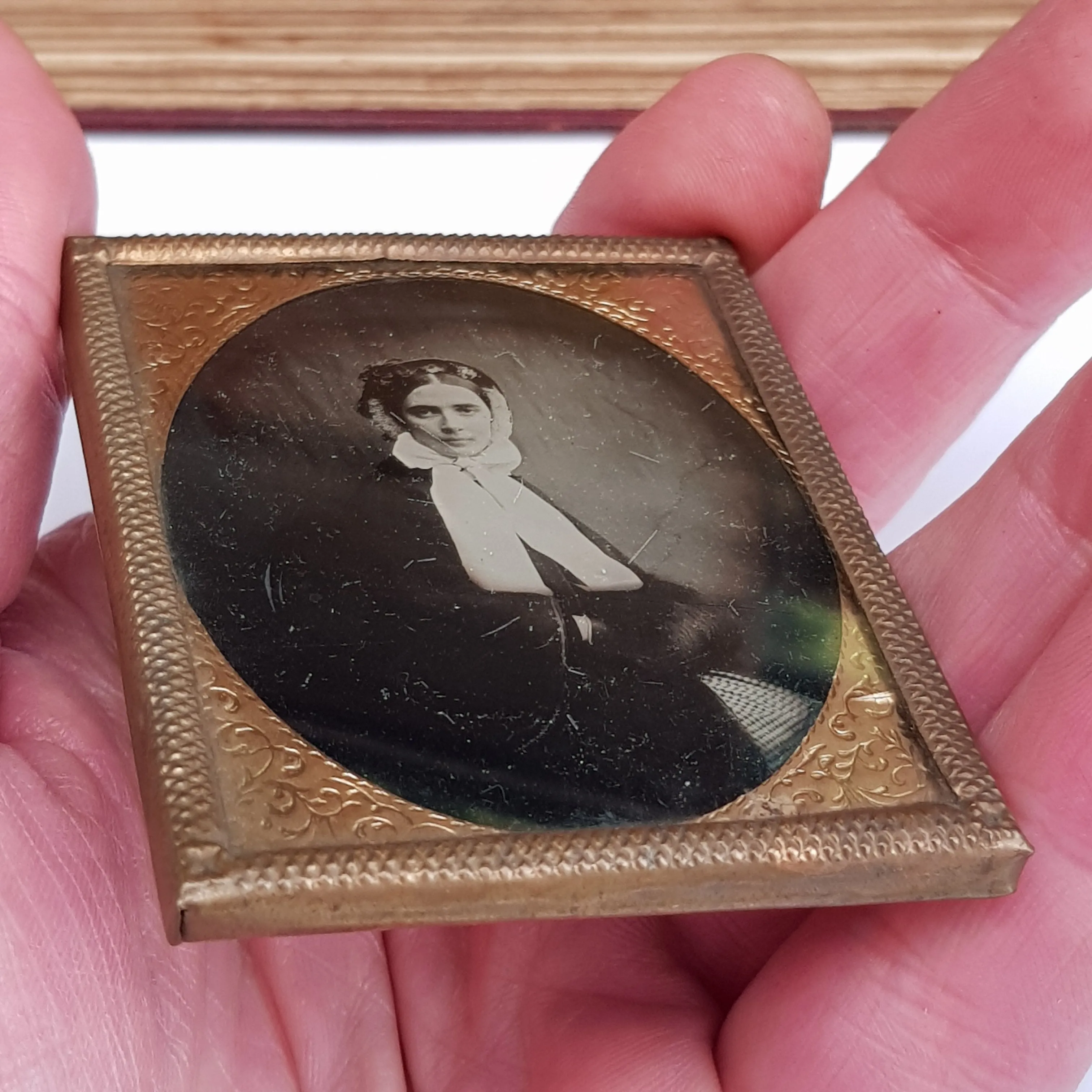 Ambrotype Photograph In Gilded Tin Matted Leather Frame Of A Lady Antique Victorian circa 1870s