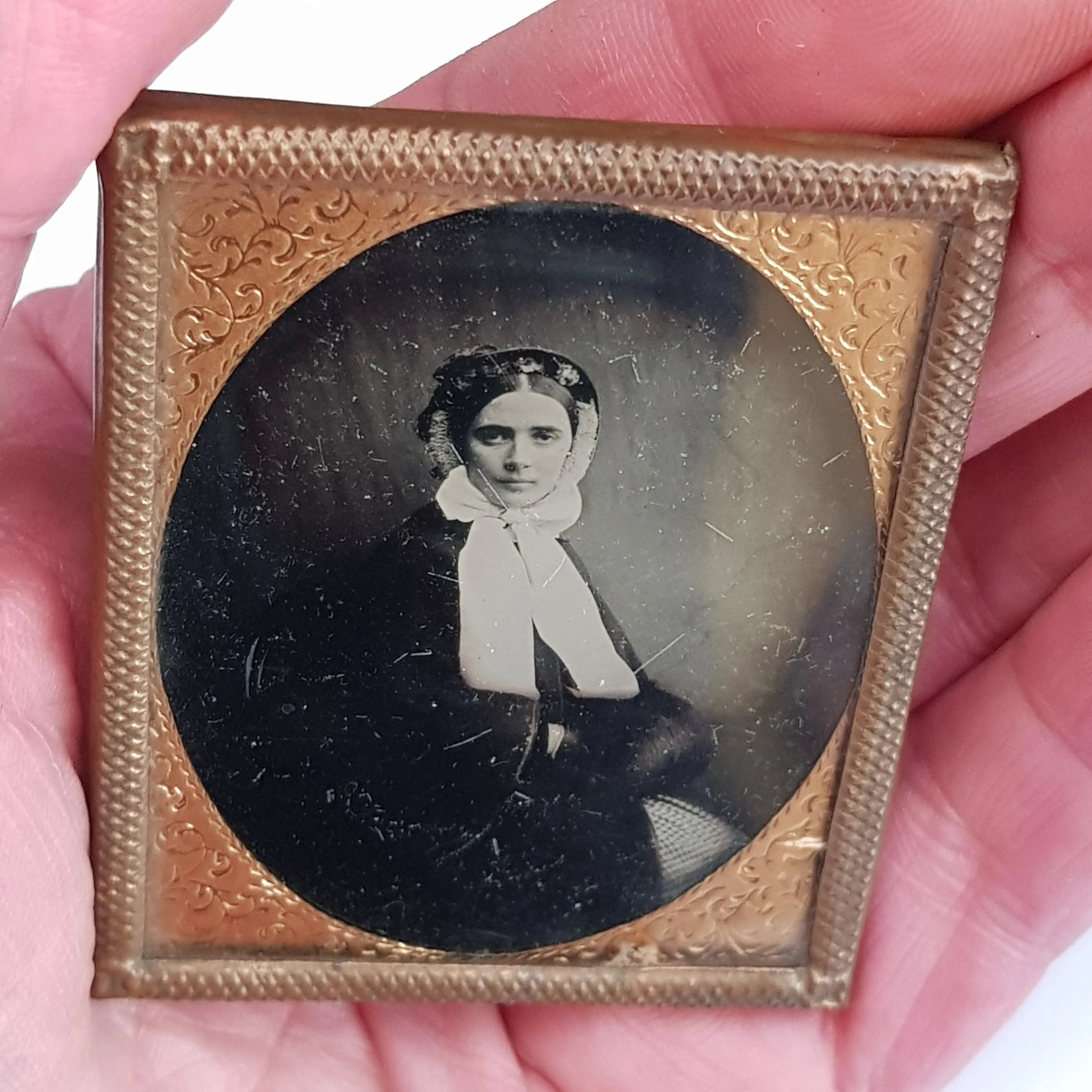 Ambrotype Photograph In Gilded Tin Matted Leather Frame Of A Lady Antique Victorian circa 1870s