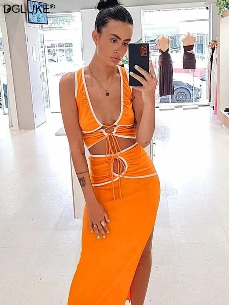 Amozae-Aomzae   Summer   Two Piece Set Women Skirt And Cropped Set Bandage Cut Out Vacation Beach Outfits Boho Long Dress Suits