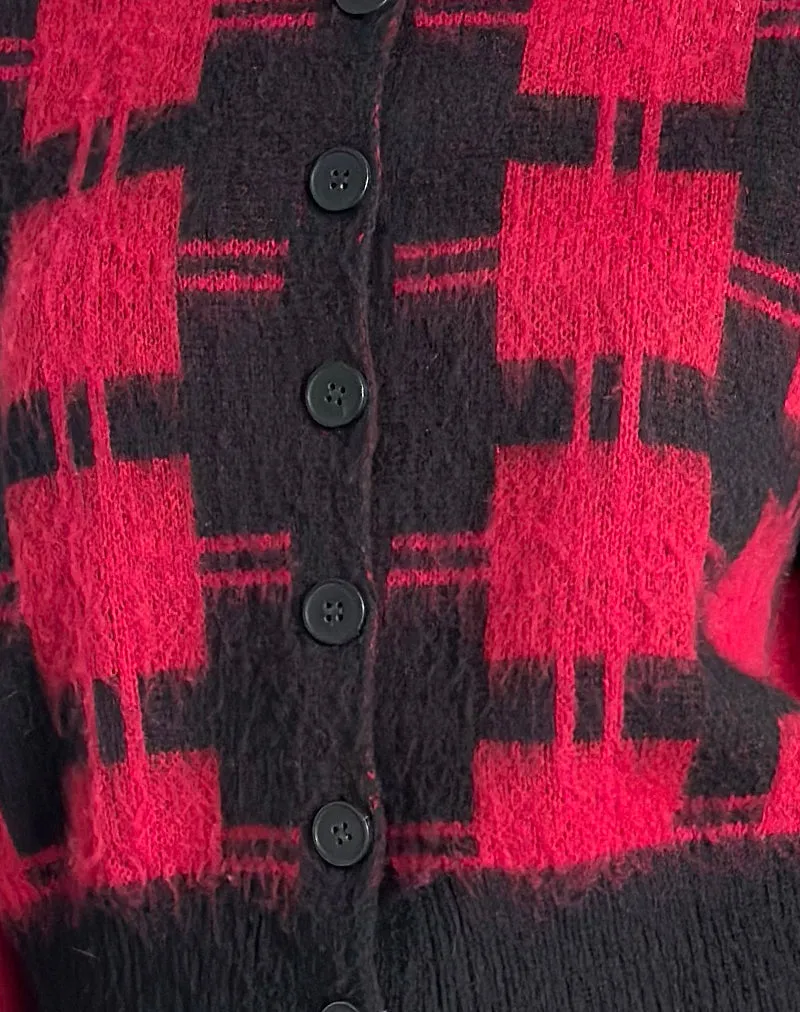 Anzio Cardigan in Black and Red Check Knit