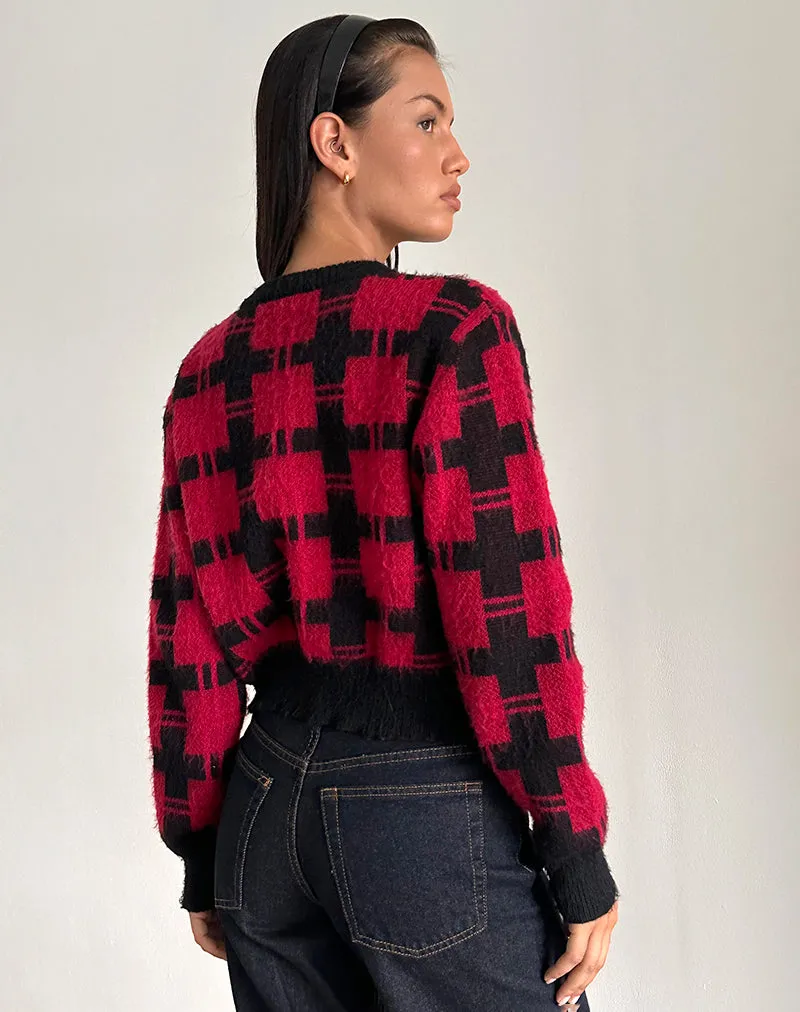 Anzio Cardigan in Black and Red Check Knit