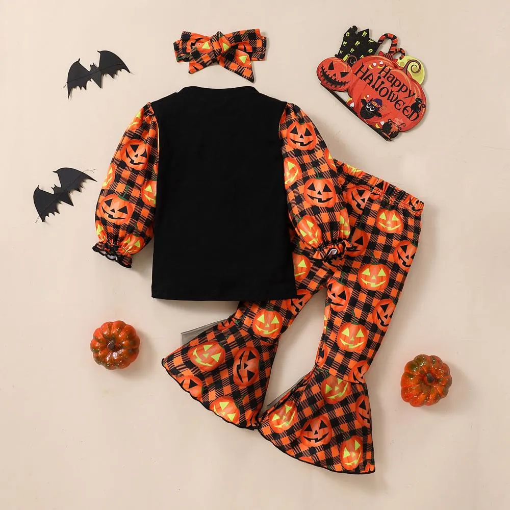 Autumn Winter Halloween Baby Girl Letter Long-sleeved Sweater   Flared Pants Headband 3-piece Set Wholesale