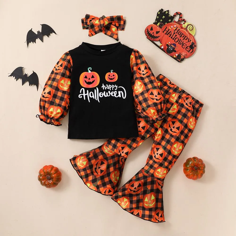 Autumn Winter Halloween Baby Girl Letter Long-sleeved Sweater   Flared Pants Headband 3-piece Set Wholesale