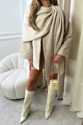 Ava beige boucle wrap tie cape