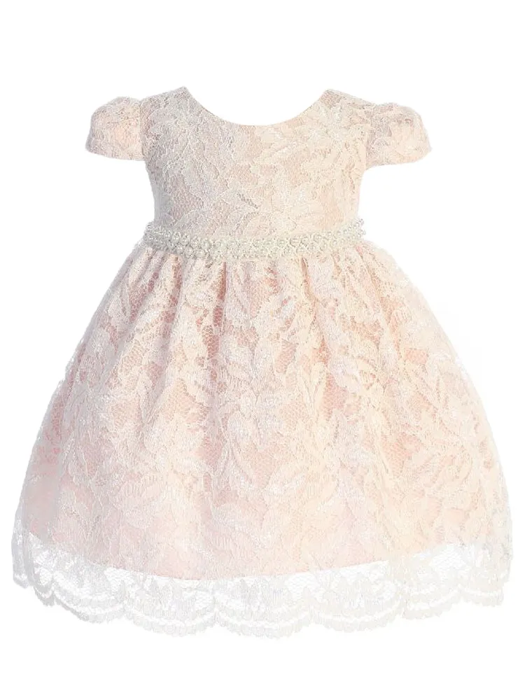 Baby Girls Ivory Blush Lace Thick Pearl Trim Flower Girl Dress 3-24 Months