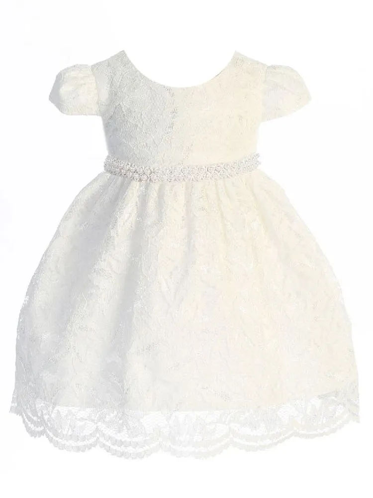 Baby Girls Ivory Lace Thick Pearl Trim Flower Girl Dress 3-24 Months