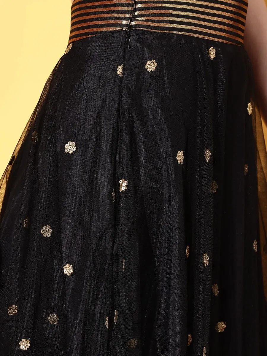 Black & Gold-Toned Sequinned Semi-Stitched Lehenga & Unstitched Blouse With Dupatta