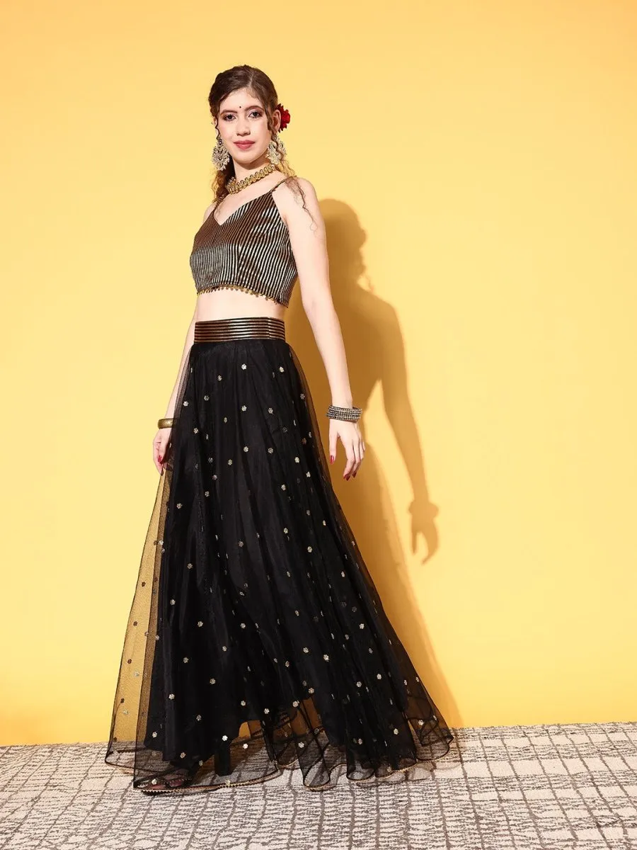 Black & Gold-Toned Sequinned Semi-Stitched Lehenga & Unstitched Blouse With Dupatta