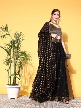 Black & Gold-Toned Sequinned Semi-Stitched Lehenga & Unstitched Blouse With Dupatta