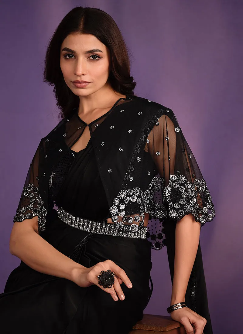 Black Handwork Embroidery Wedding Saree With Cape