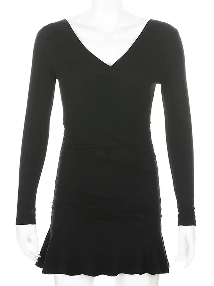 Black Knitted Ribbed V Neck Long Sleeve Mini Dress