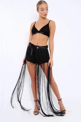 Black Long Length Tassel Skirt - Delina