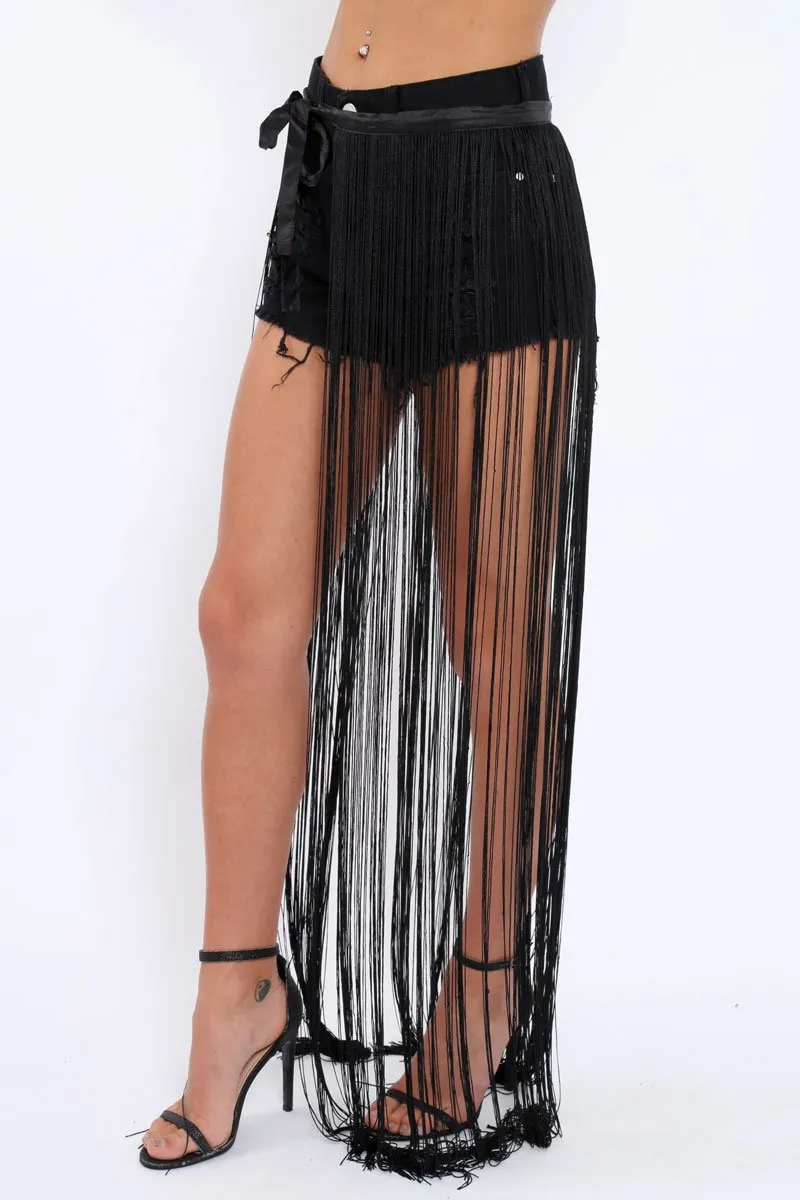 Black Long Length Tassel Skirt - Delina