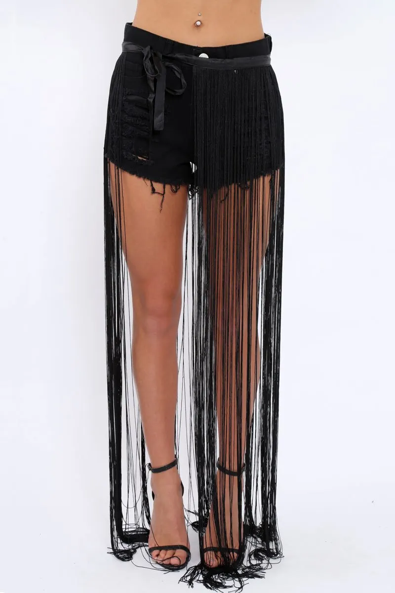 Black Long Length Tassel Skirt - Delina