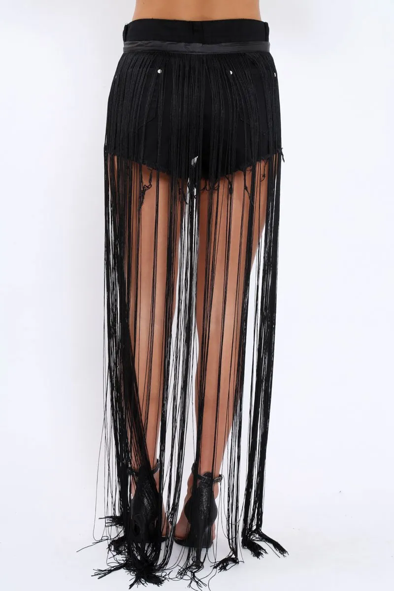 Black Long Length Tassel Skirt - Delina