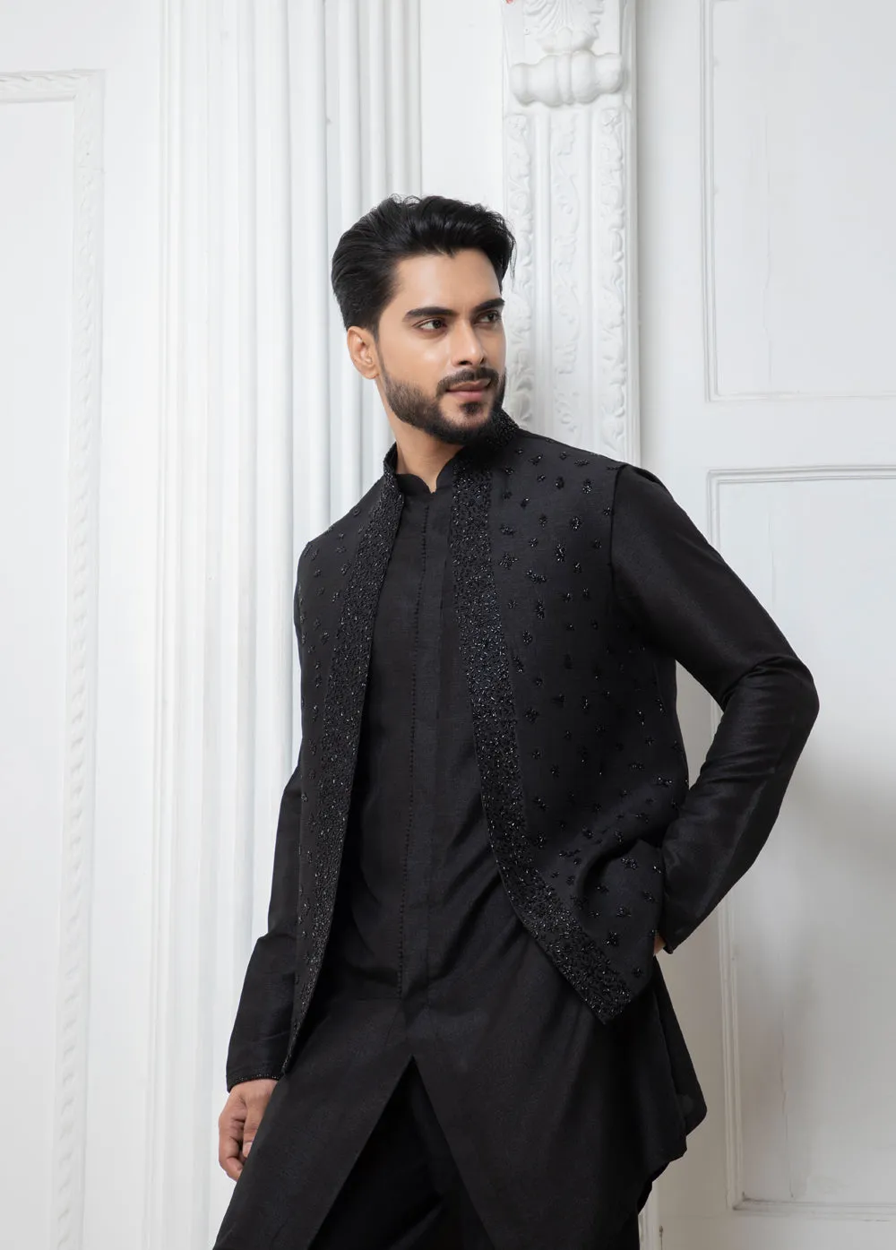 Black Open Jacket With Short Kurta Set