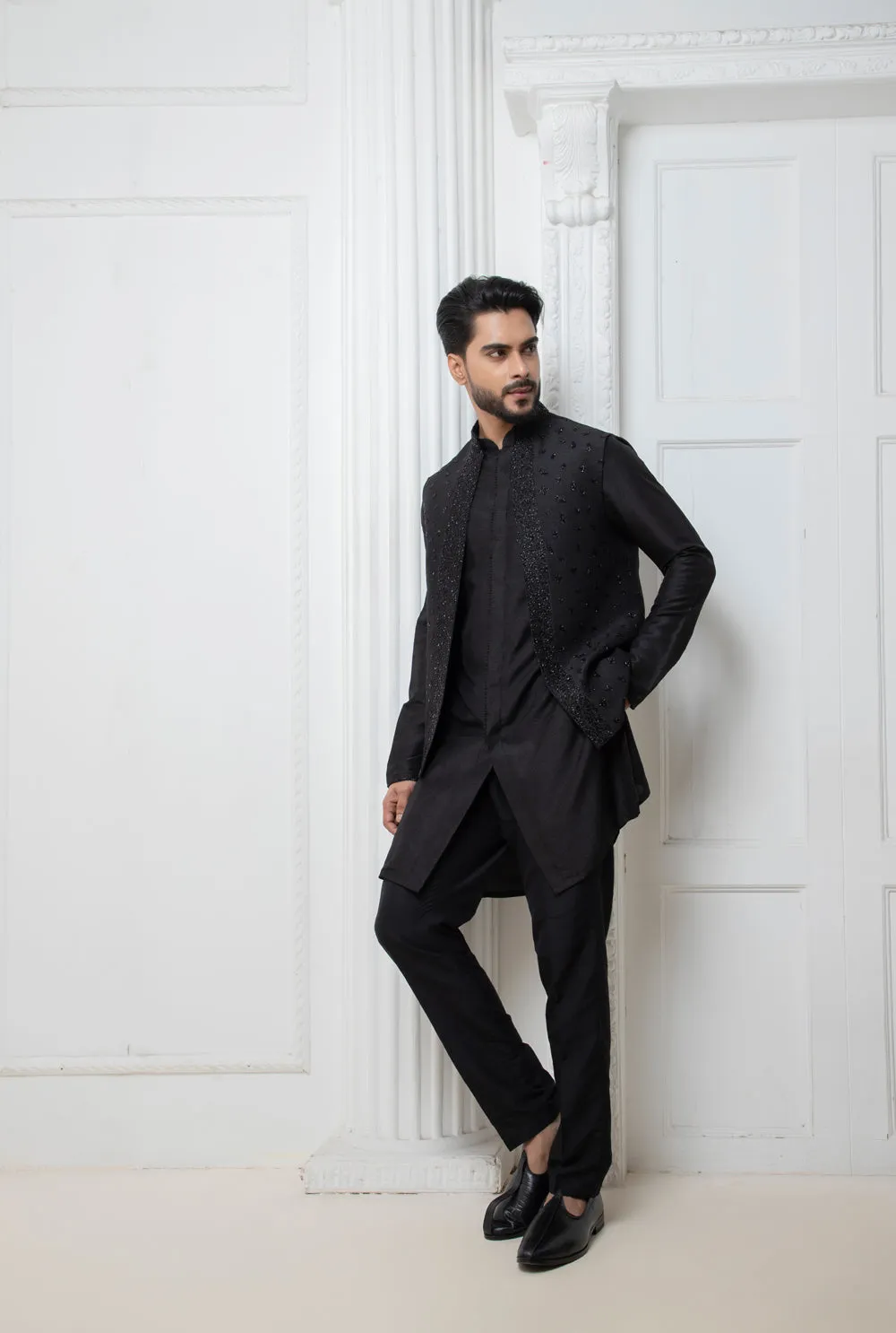 Black Open Jacket With Short Kurta Set