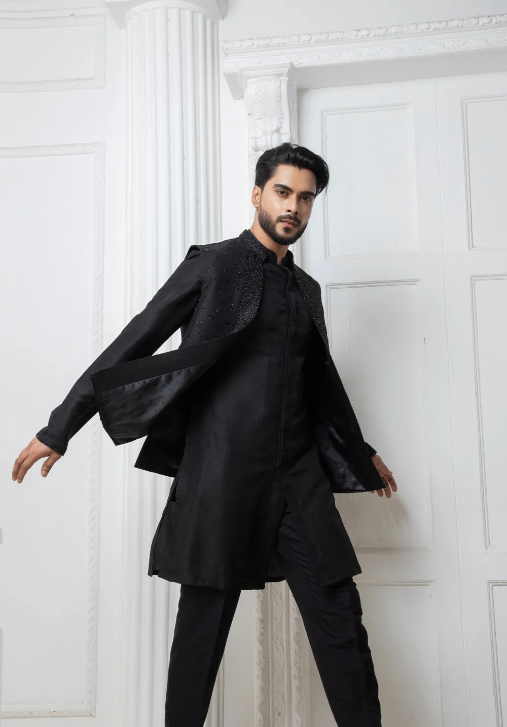 Black Open Jacket With Short Kurta Set