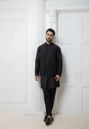 Black Open Jacket With Short Kurta Set