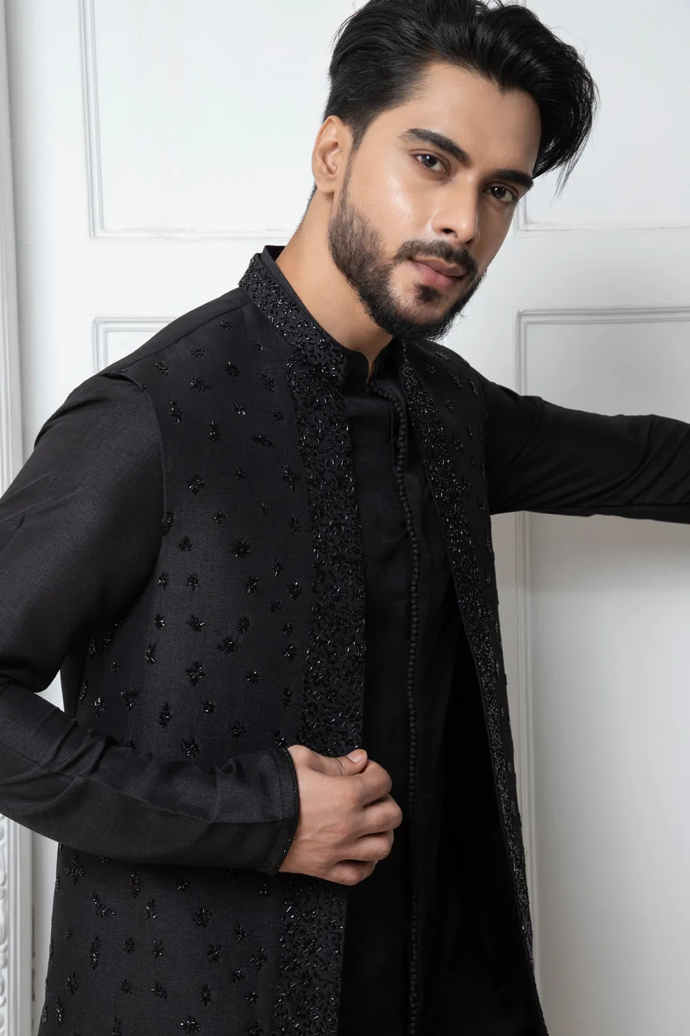 Black Open Jacket With Short Kurta Set