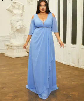 Blue Chiffon Plus Size Party Dress Elegant V Neck Half Flare Sleeve A-line Evening Gown