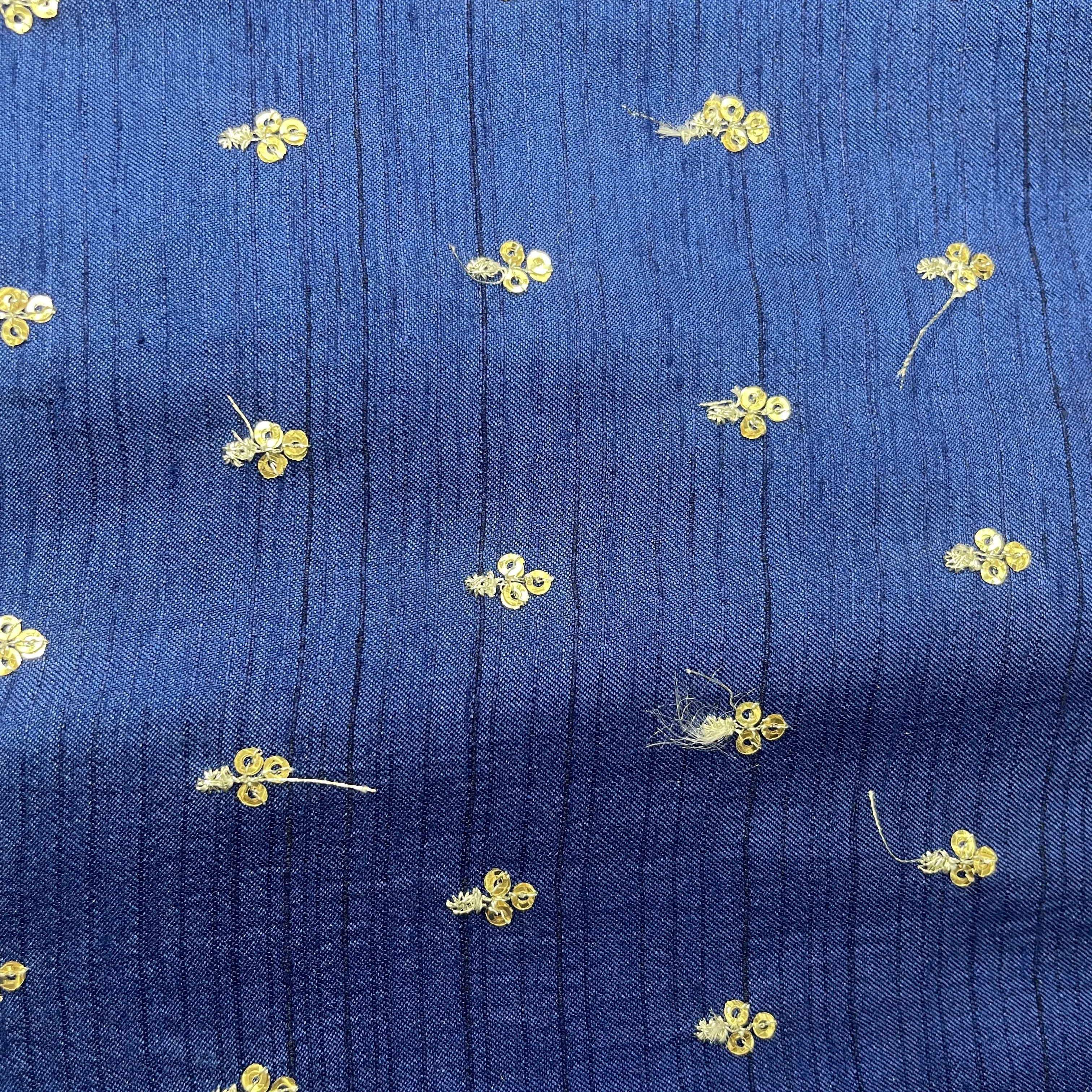 Blue Sequins Embroidery Dupion Silk Fabric 19910