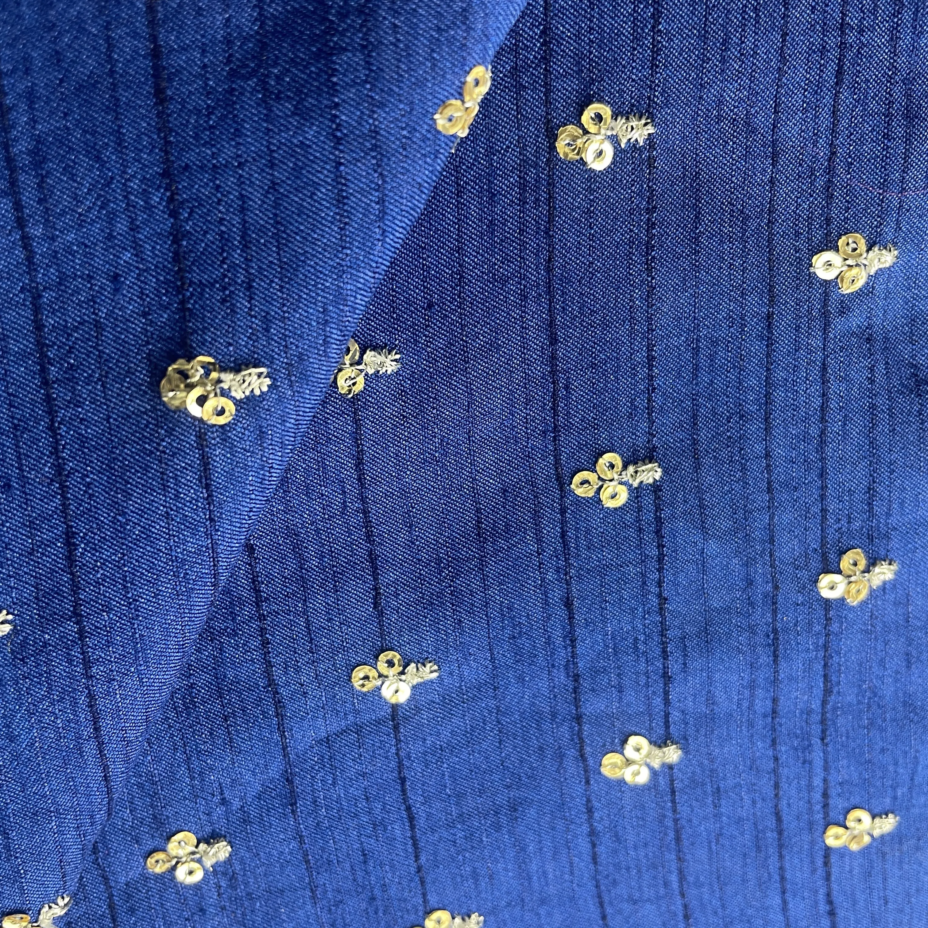 Blue Sequins Embroidery Dupion Silk Fabric 19910