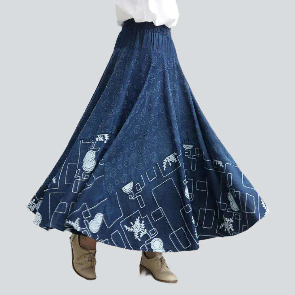 Bohemian flared maxi denim skirt