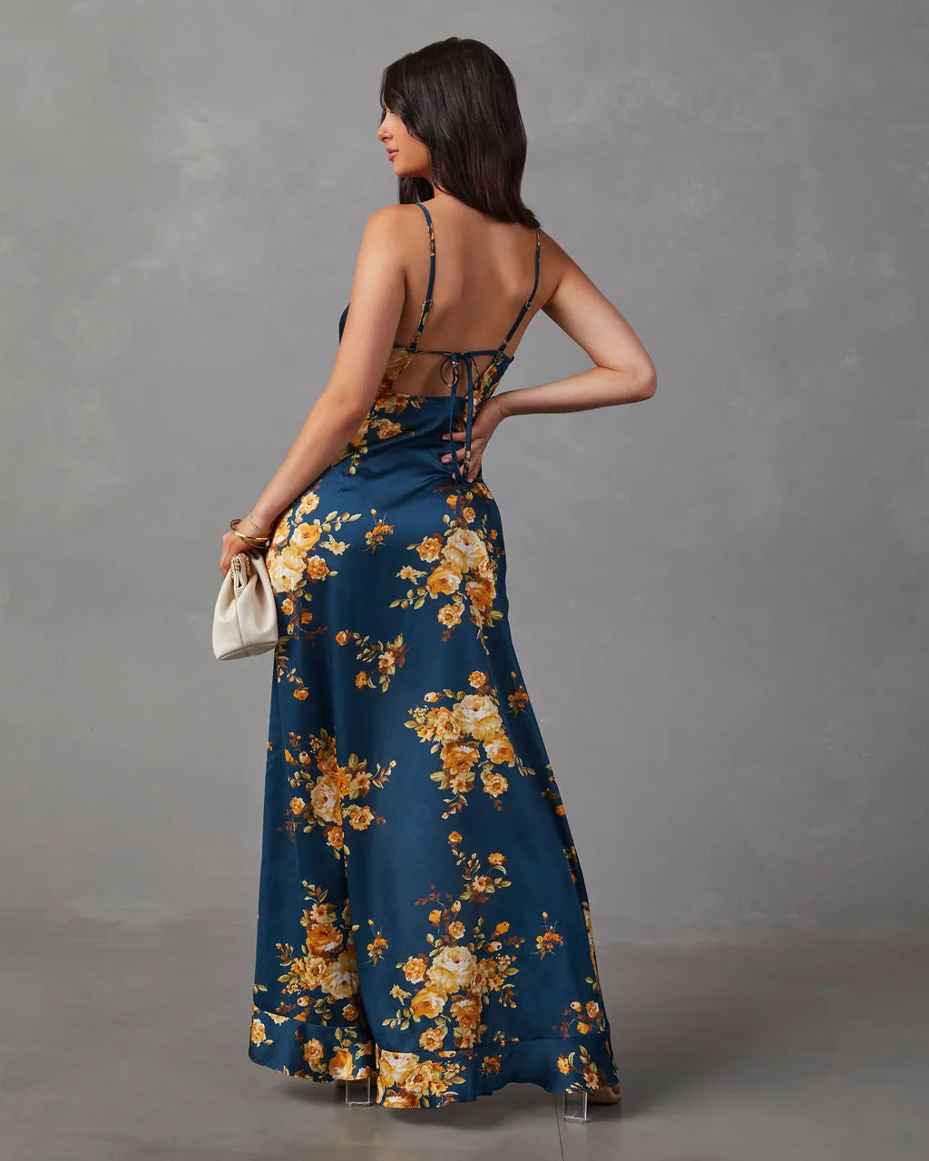 Capriccio Satin Floral Ruffle Maxi Dress