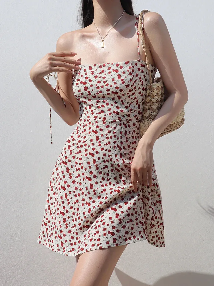 Casual Women Vacation Summer New Suspenders Vintage 2024 Beach Short Style Mini Sleeveless Fashion Flower Dress Dress