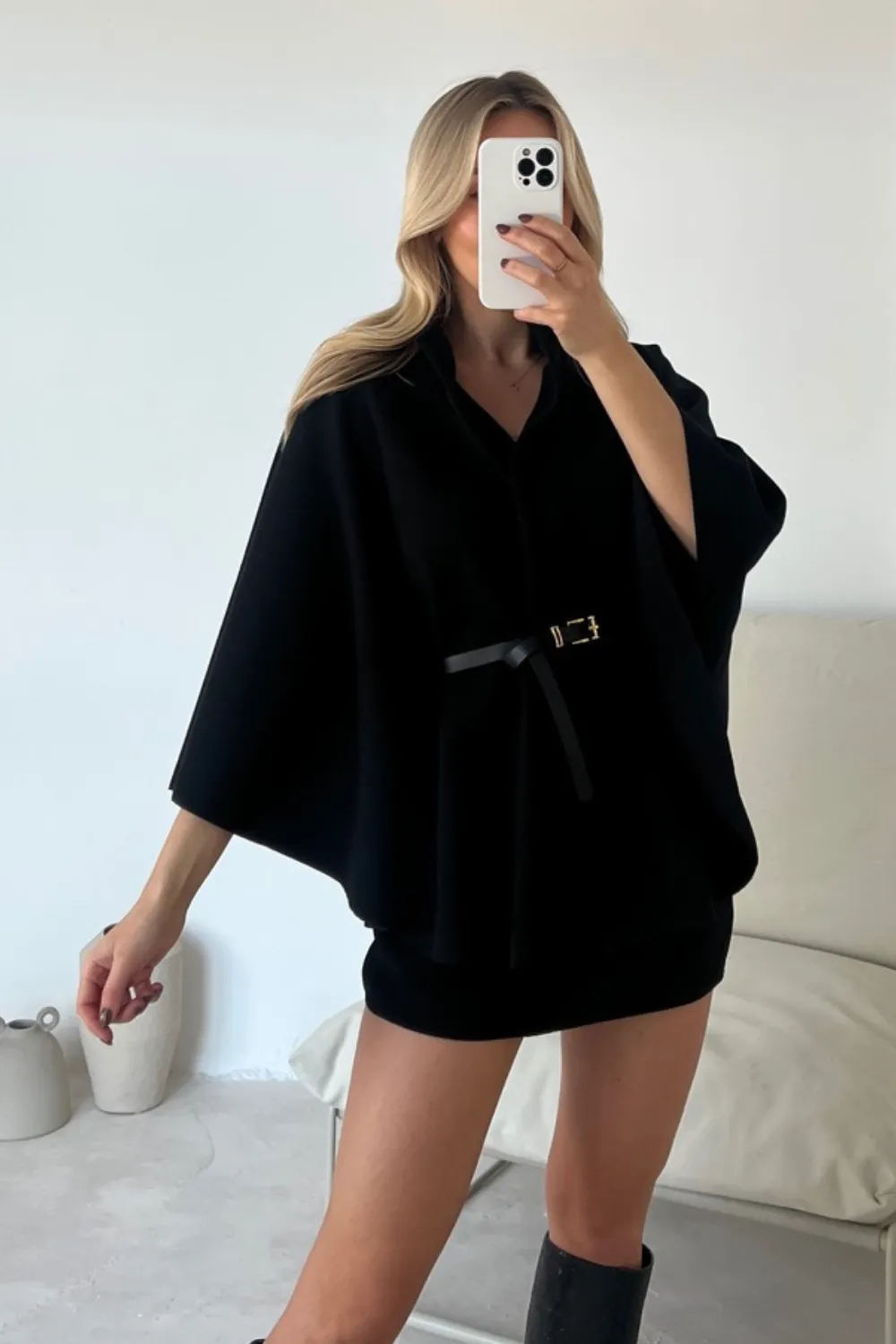 Catalina black belted cape