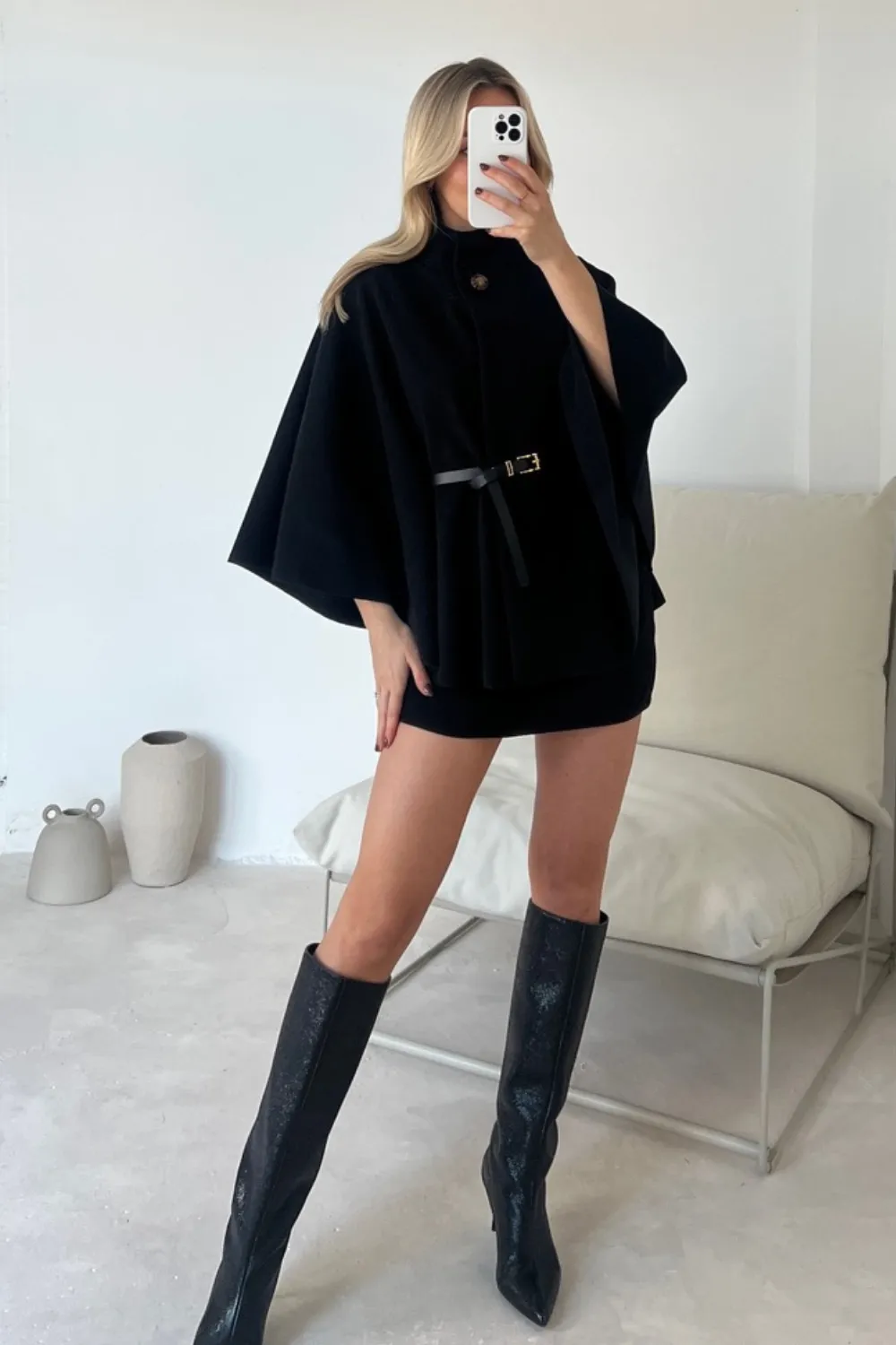 Catalina black belted cape