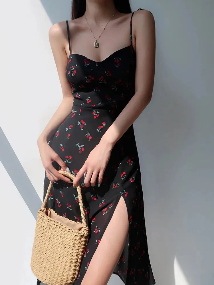 Cherry Split Fit Slim Sling Sexy Sleeveless Print Backless Suspender Dress