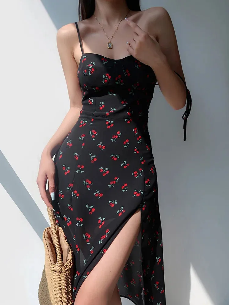 Cherry Split Fit Slim Sling Sexy Sleeveless Print Backless Suspender Dress