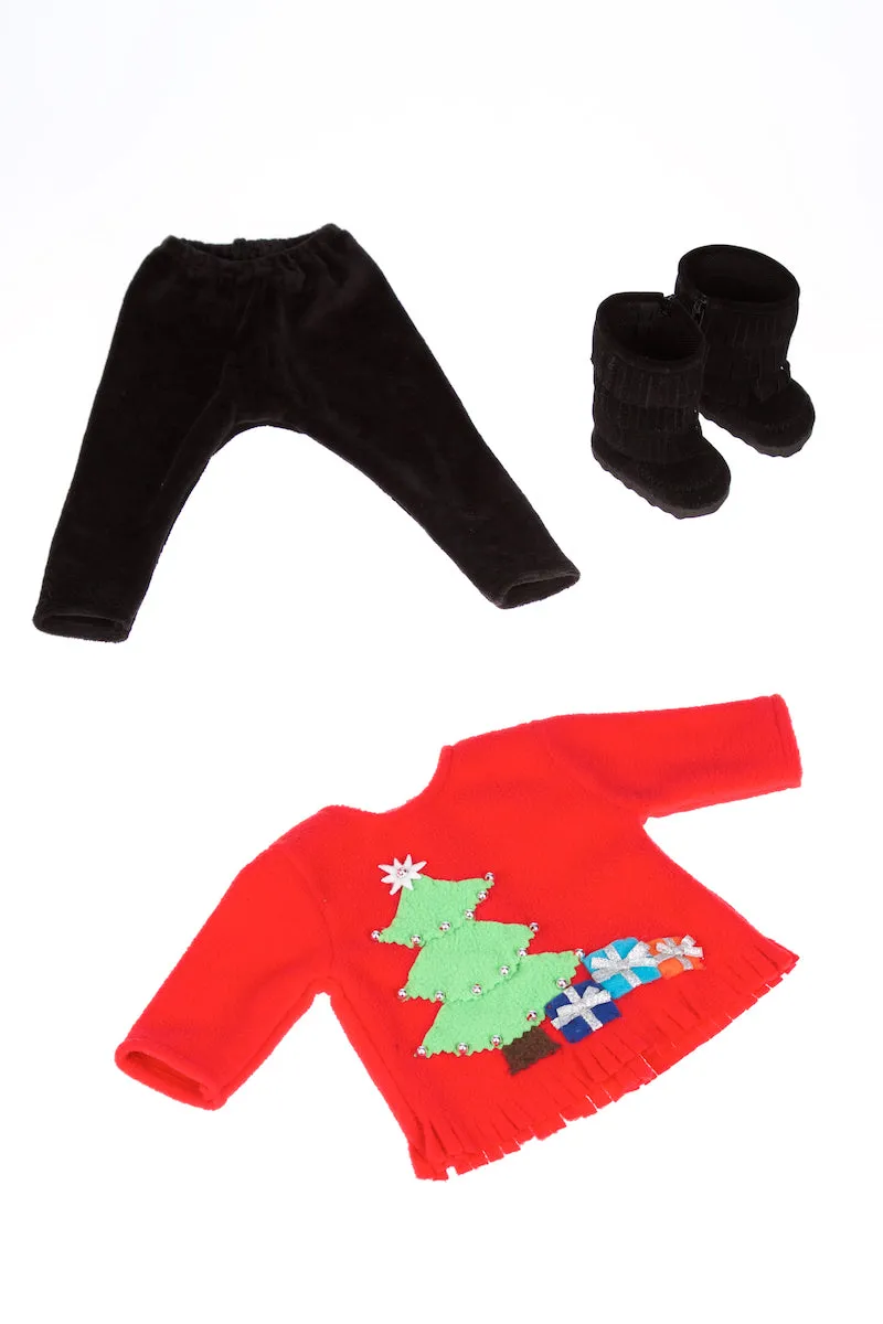 Christmas Sweater - Doll Clothes for 18 inch Dolls - 3 Piece Doll Outfit - Red Sweater, Black Pants and Boots