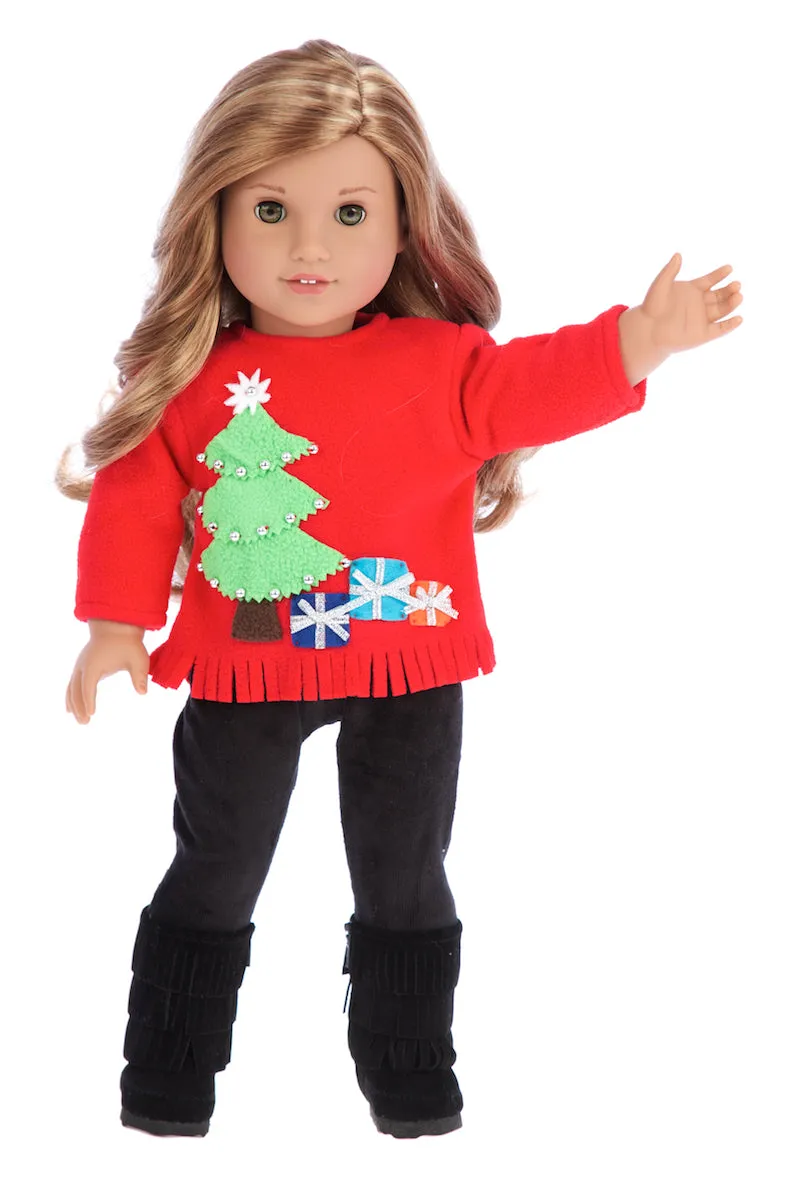 Christmas Sweater - Doll Clothes for 18 inch Dolls - 3 Piece Doll Outfit - Red Sweater, Black Pants and Boots