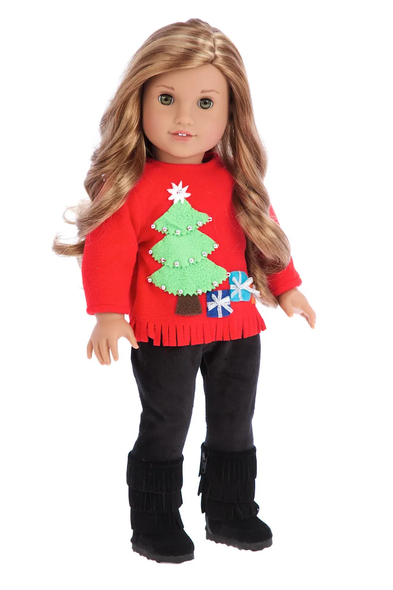 Christmas Sweater - Doll Clothes for 18 inch Dolls - 3 Piece Doll Outfit - Red Sweater, Black Pants and Boots